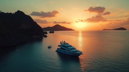 Naklejka premium Serene Sunset Over Yacht in Tranquil Waters near Mountains