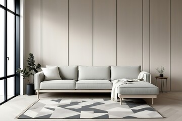 Modern living room with sectional sofa, rug, and large window.