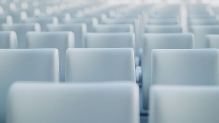 Fototapeta premium Empty airport seats, rows of white chairs in the modern terminal, with two dark-uniformed captains approaching each other, shallow depth of field focused on the chairs, obscurating the background and 