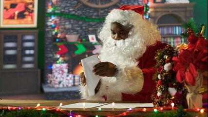 Santa Claus dressed in his iconic red suit reads Christmas letters by the warm fire in his...