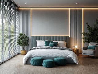 Modern minimalist bedroom with teal bedding and gray accents featuring large bed and herringbone wood floor