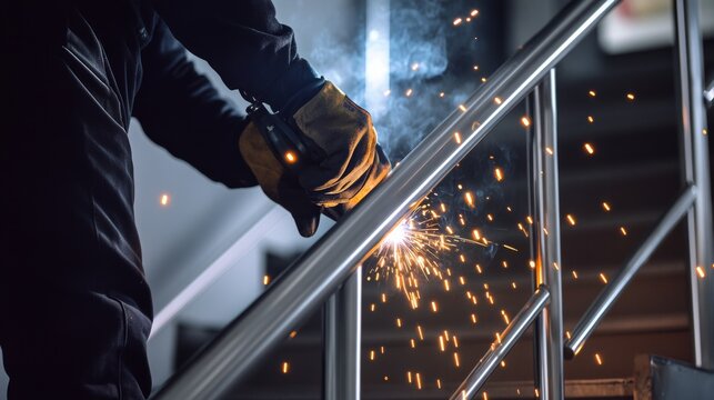 A welder welding stainless steel handrails for a luxury residential building, Handrail welding scene, Custom metalwork style