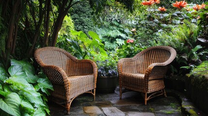 Cozy Garden Seating Area Surrounded by Lush Greenery and Flowers