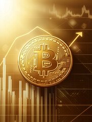 Gold bitcoin against a background of upward trend graphs and charts