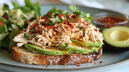 A hearty breakfast features toasted bread topped with shredded chicken, sliced avocado, and spices, accompanied by a fresh green salad. This meal is perfect for a healthy morning start.