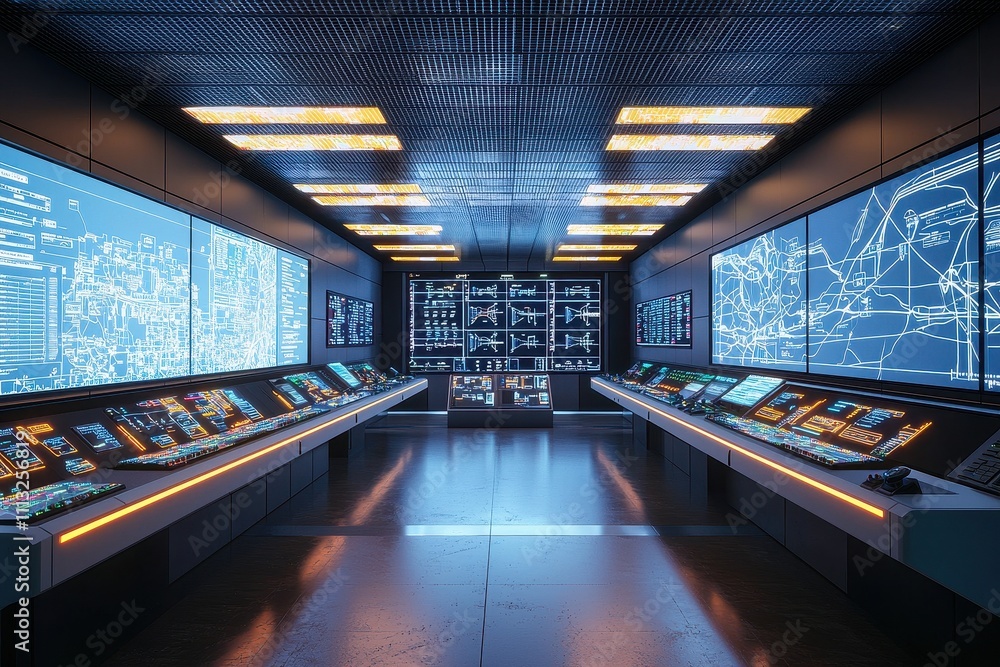 Poster a futuristic control room filled with large screens displaying data and interactive panels, illumina