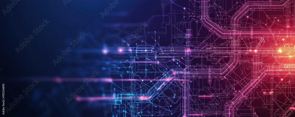 Poster a vibrant, abstract representation of digital technology, featuring interconnected lines and nodes i