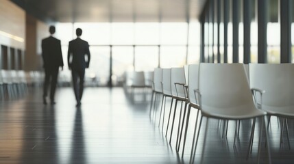Fototapeta premium Empty airport seats, rows of white chairs in the modern terminal, with two dark-uniformed captains approaching each other, shallow depth of field focused on the chairs, obscurating the background and 