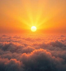 Fototapeta premium Warm golden rays illuminate dense foggy clouds at sunrise, soothing colors, hazy atmosphere, warm glow
