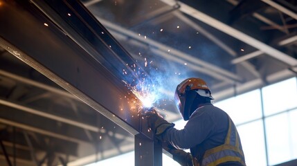 A welder welding steel supports for a canopy at a transportation hub, Canopy support welding scene, Transportation infrastructure construction style