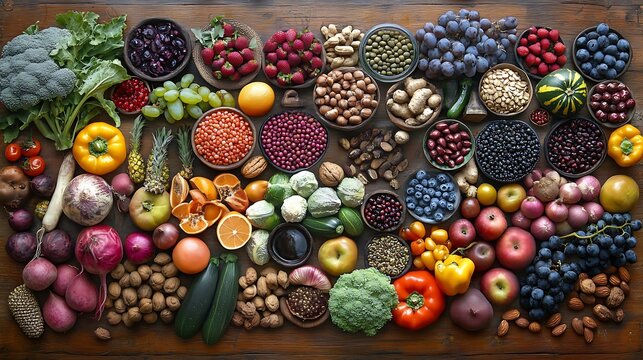 A vibrant spread of fresh fruits, vegetables, and nuts arranged on a wooden table, showcasing their health benefits and functional properties 