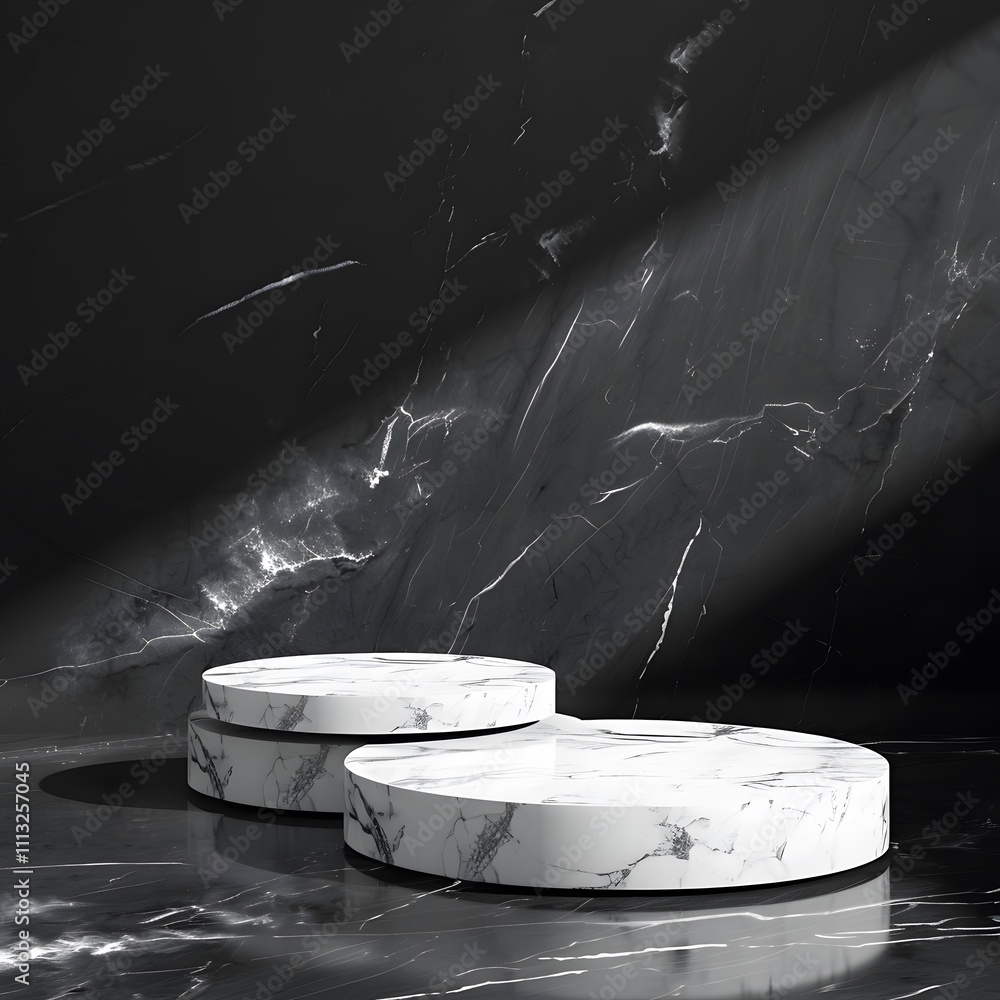 Poster a minimalist display featuring two circular marble platforms against a dark backdrop.