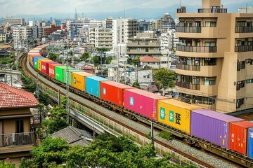 A colorful freight train travels through an urban landscape, showcasing various container colors against a backdrop of buildings and greenery.