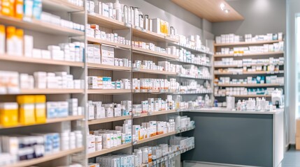 A well-organized retail pharmacy with shelves of medications and a consultation counter, Pharmacy scene, Clean and orderly style