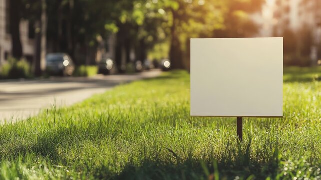 Blank yard sign resting in green grass near a city street on a sunny day