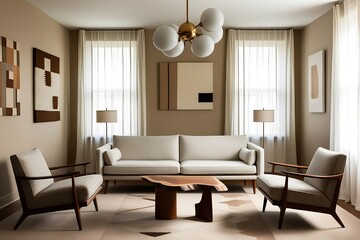 Modern living room with beige sofa, armchairs, and abstract art.