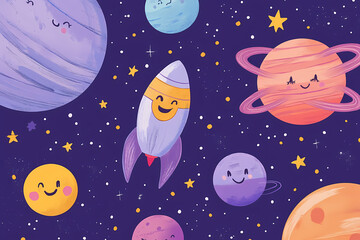 Whimsical Space Adventure with Rockets and Planets for Kids Background