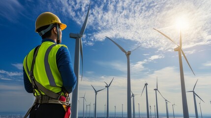 A wind farm engineer in a safety helmet and harness inspecting a wind turbine, with an array of wind turbines and blue sky, Wind energy scene