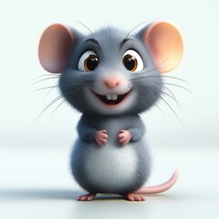 Cute cartoon rat stands. Happy expression. Fluffy fur. Smiling face. Adorable character. 3D animation style. Suitable for kids content. Adorable animal. Friendly character. Perfect for children