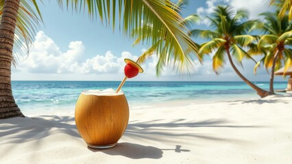 Tropical Paradise: Refreshing Coconut Drink on Sandy Beach with Palm Trees and Blue Ocean