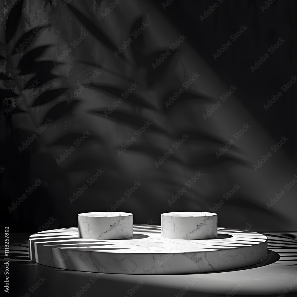 Poster a minimalist marble display with circular forms and dramatic shadows.