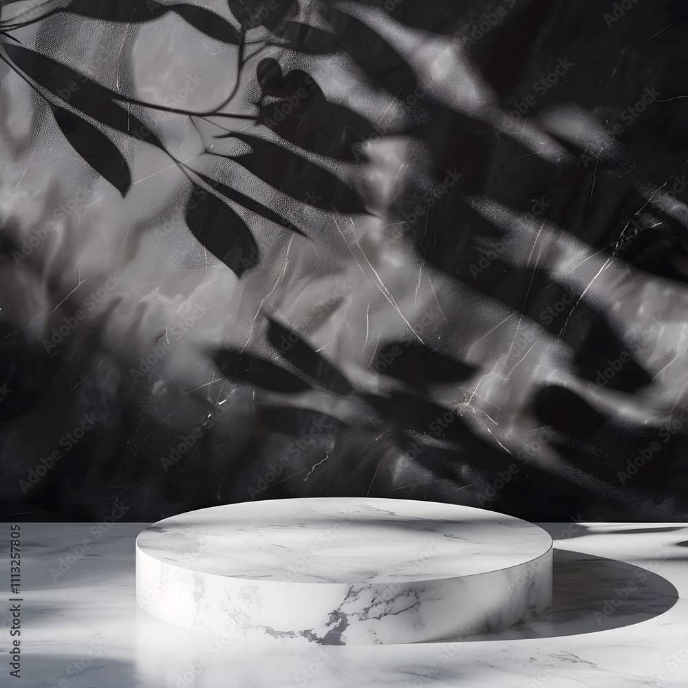 Aufkleber a minimalist marble display platform with shadowy leaf patterns on a dark background.