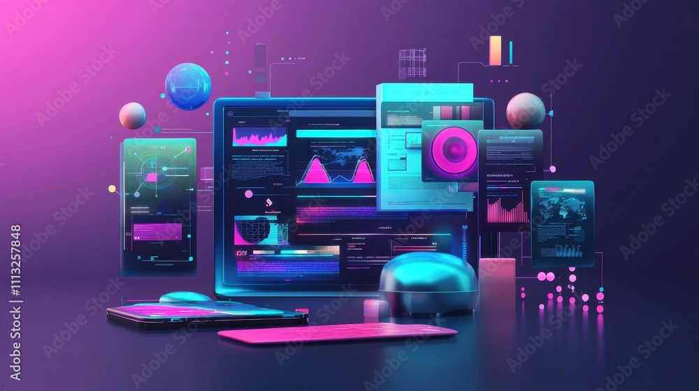 Poster interactive creative mockup of dynamic data visualizations in a modern digital composition