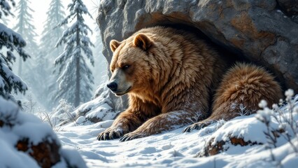 Obraz premium Winter bear, concealed beneath a rock, photographed.