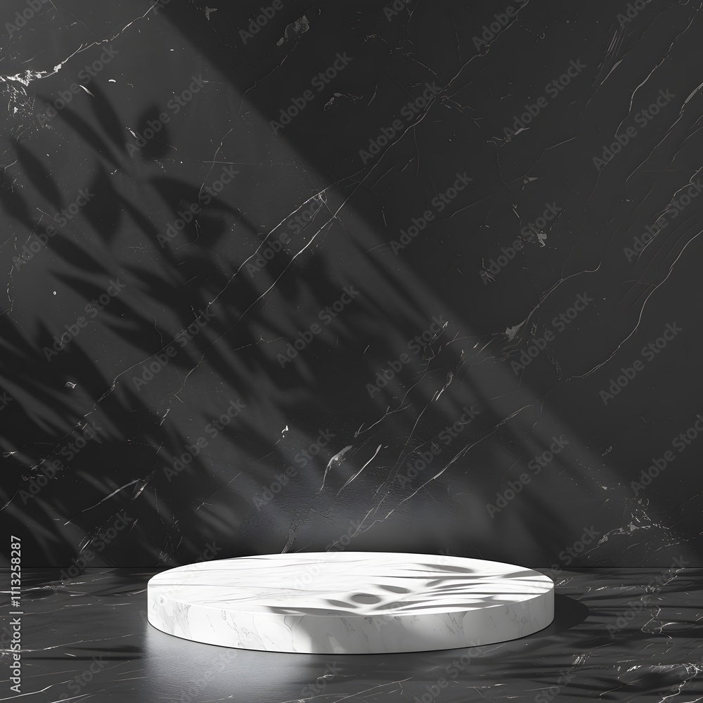 Poster a minimalistic display scene featuring a circular pedestal on a dark marble background.