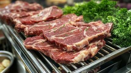 Freshly prepared cuts of meat displayed on a metal rack ready for grilling at a local butcher shop