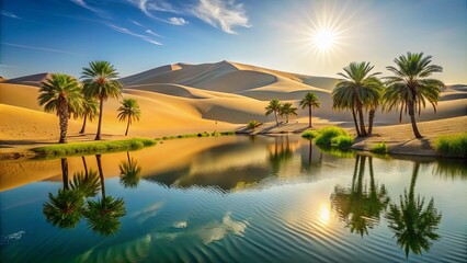 Obraz premium Serene Oasis Palm Trees Mirrored in a Calm Desert Lake at Sunset