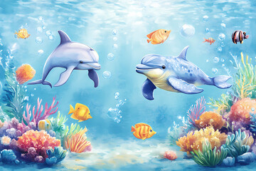 Underwater World with Friendly Sea Creatures and Coral Reefs