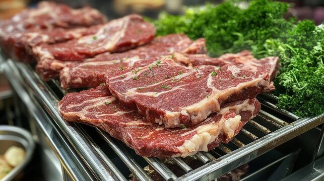 Freshly prepared cuts of meat displayed on a metal rack ready for grilling at a local butcher shop