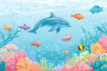 Fototapeta premium Underwater World with Friendly Sea Creatures and Coral Reefs