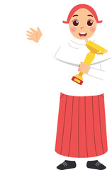 Cartoon little girl hijab holding gold trophy