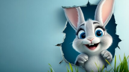 Fototapeta premium Cute Animated Bunny Peeking from Torn Wall Cute Rabbit Happy Easter Illustration