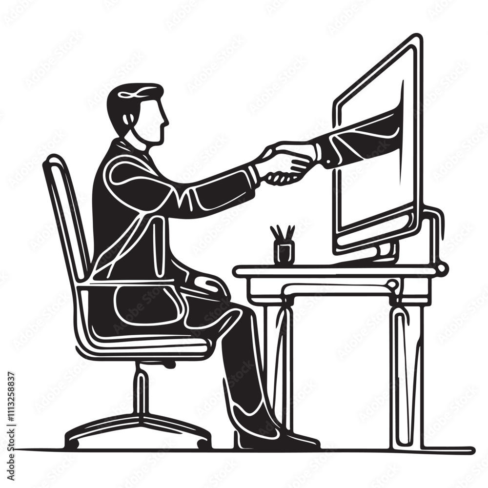 Poster one continuous single drawing black line art doodle of a person shaking hands through a computer scr