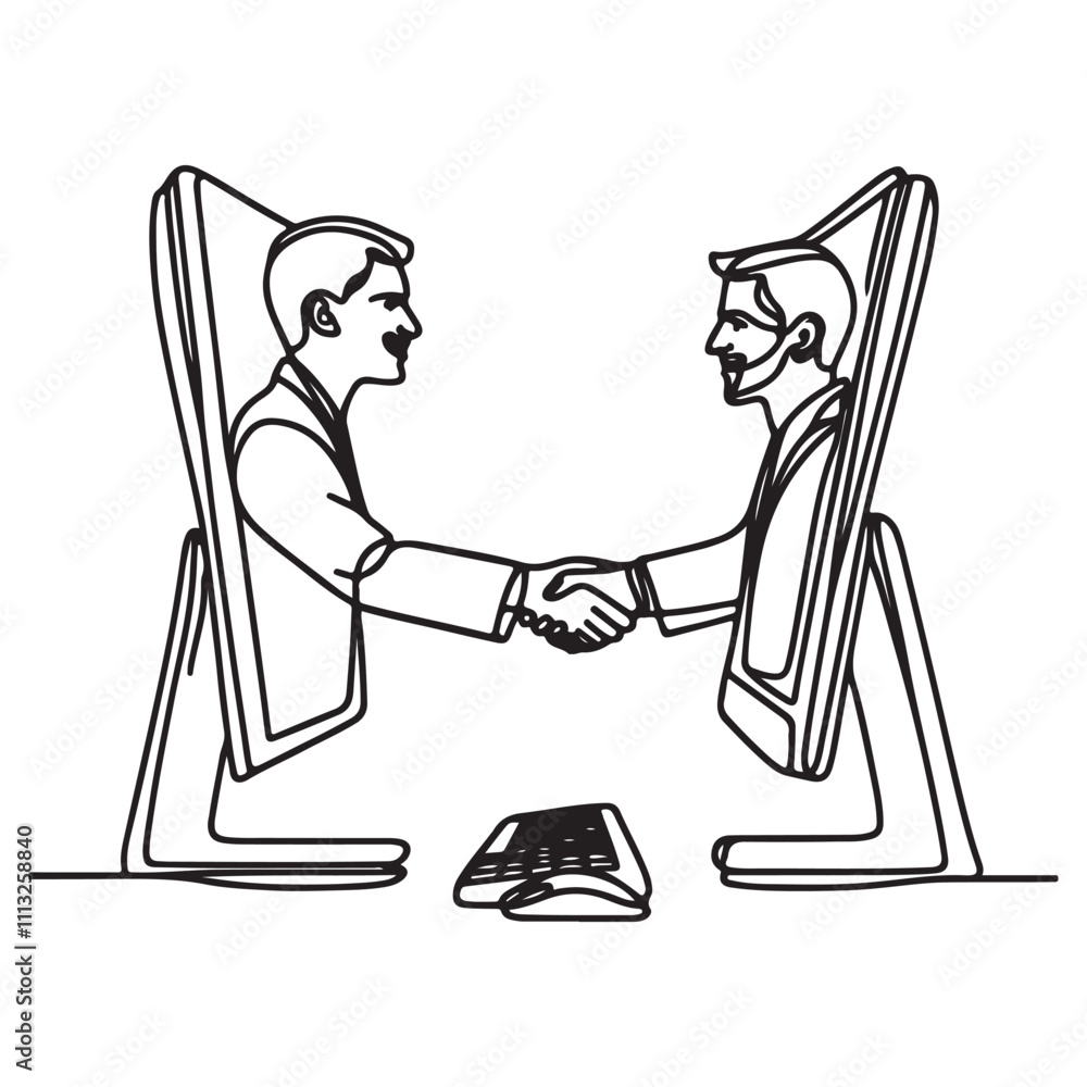 Poster one continuous single drawing black line art doodle of a person shaking hands through a computer scr