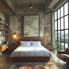 A stylish industrial bedroom featuring a large bed, brick walls, and a map artwork.