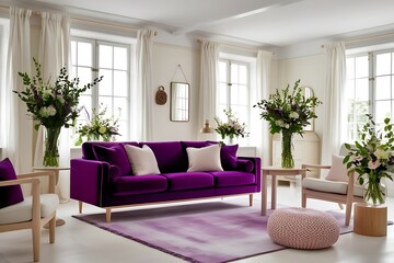 Purple velvet sofa in bright living room with floral arrangements.