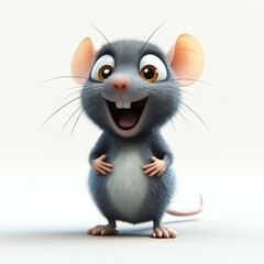Cute cartoon rat stands center stage. Happy expression with open mouth. Character furry with large ears, paws. Rat in studio setting on plain background. Posing for camera. Good for kids cartoon, fun