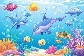 Underwater World with Friendly Sea Creatures and Coral Reefs