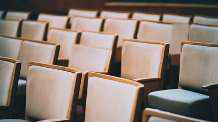 Fototapeta premium Empty conference room seats, rows of white chairs in modern meeting rooms, shallow depth of
