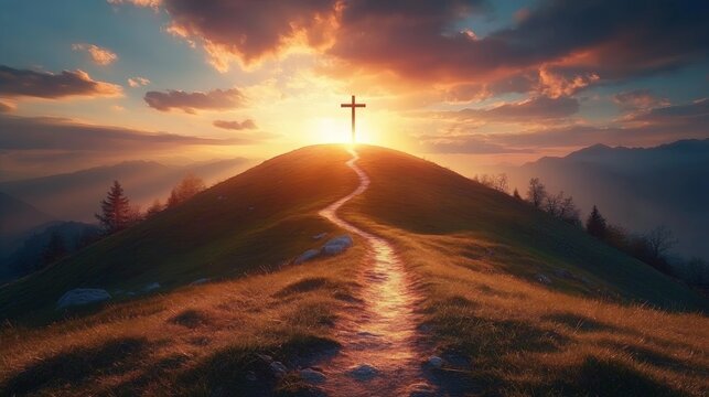 Serene Mountain Sunset Landscape with Christian Cross on Hill and Winding Path in Peaceful Contemplative Atmosphere