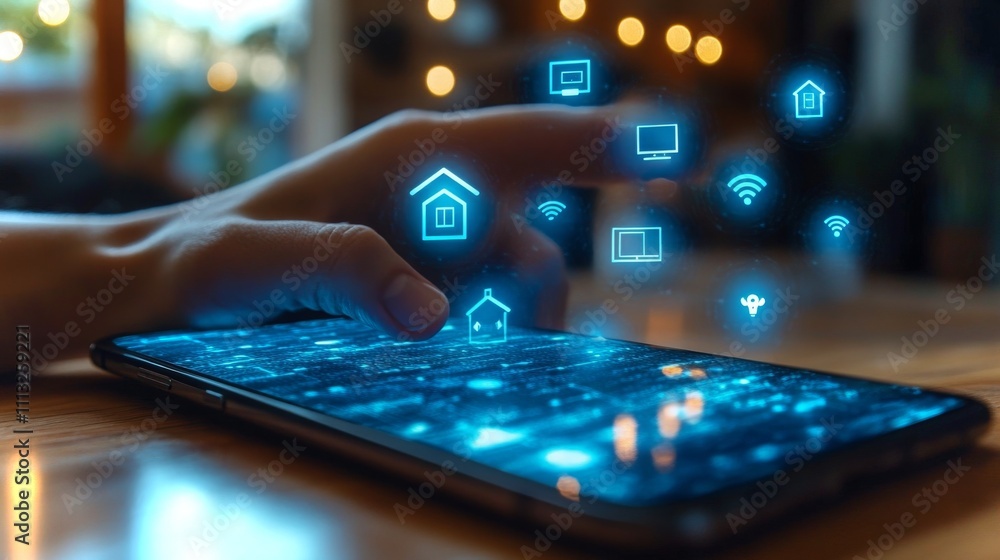Poster close-up of a hand interacting with a smartphone displaying smart home icons at a cozy setting