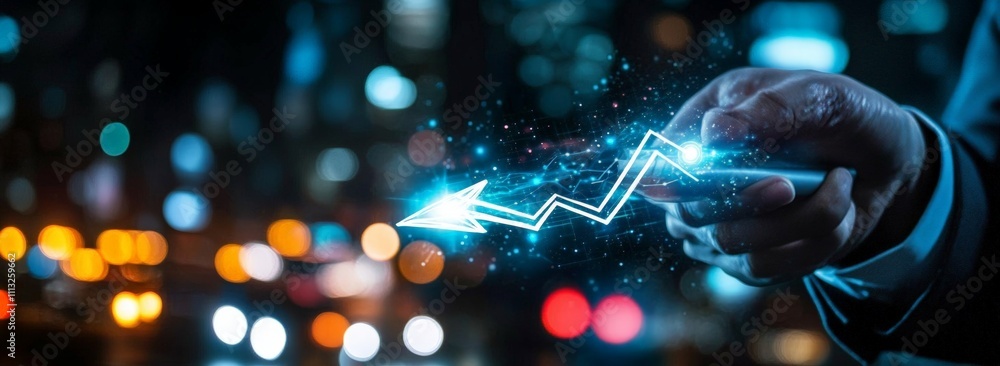 Poster businessman with glowing stylus creating digital arrow graph for startup growth and strategy