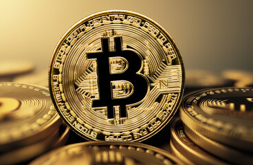 Stunning image of a golden bitcoin. Capturing the intricate details of the iconic cryptocurrency.  Perfect for financial marketing or tech content.