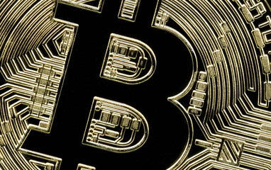 Stunning image of a golden bitcoin. Capturing the intricate details of the iconic cryptocurrency.  Perfect for financial marketing or tech content.