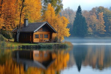 Serene lakeside cabin in the woods with autumn reflections, perfect fall retreat