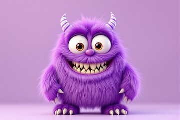 Fototapeta premium Cute Purple Furry Monster Character with Big Eyes and Spiky Horns Against a Soft Background